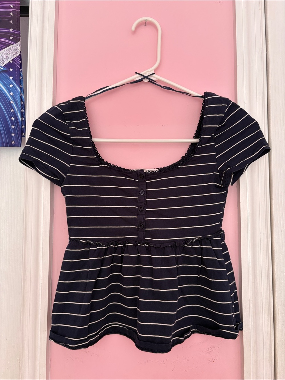Macy's Navy and White Striped Peplum Crop Top